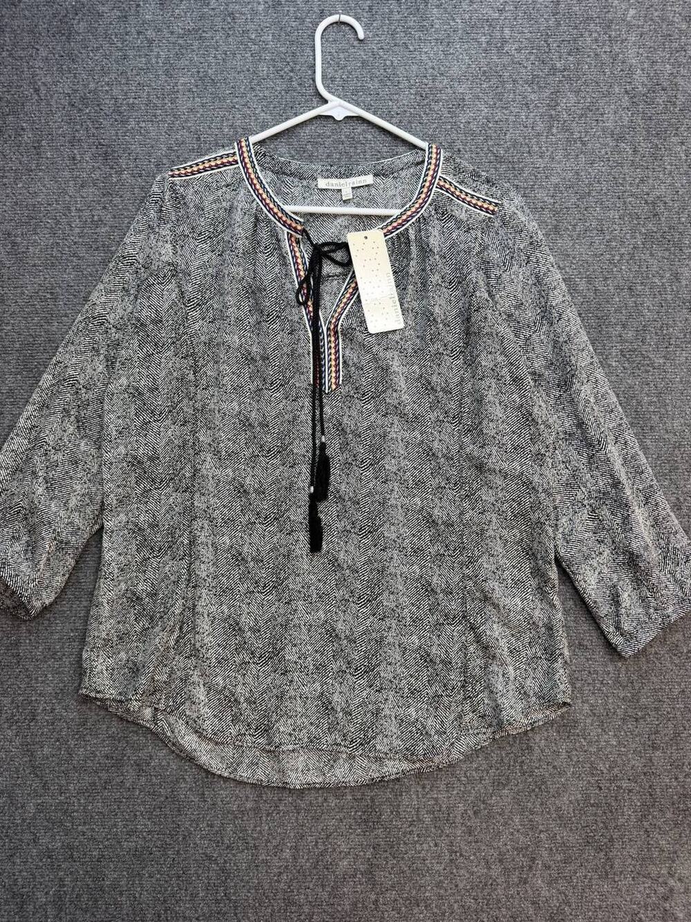 Daniel Rainn Womenβs L Black White Herringbone Tassel Blouse NWT